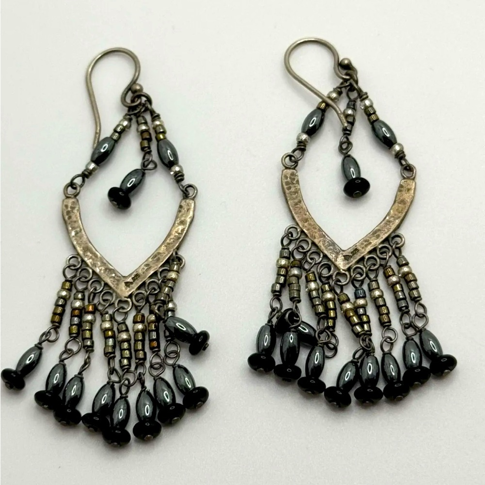 Silpada Vintage Sterling Silver Hematite Black Seed Bead Chandelier Earrings - Picture 7 of 7